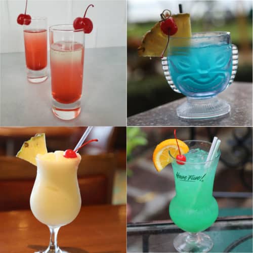 Collage of pineapple juice cocktails with a shot, blue Hawaiian, pina colada, and green cocktail