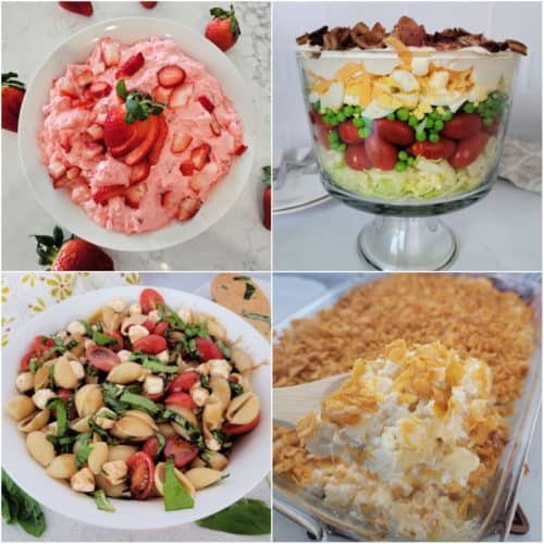 Collage of potluck recipes with strawberry fluff, layered salad, caprese pasta salad, and funeral potatoes