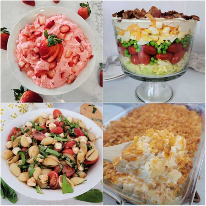 Collage of potluck recipes with strawberry fluff, layered salad, caprese pasta salad, and funeral potatoes
