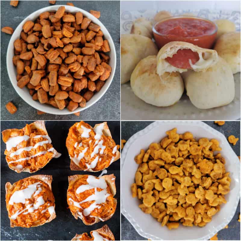 Collage of savory snacks with pretzel nuggets, pepperoni rolls, buffalo chicken, and goldfish crackers