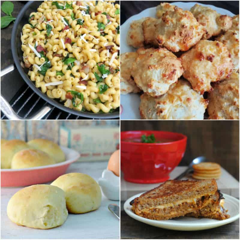 Collage of Sides for Soup with pasta salad, biscuits, rolls, and a sloppy joe grilled cheese