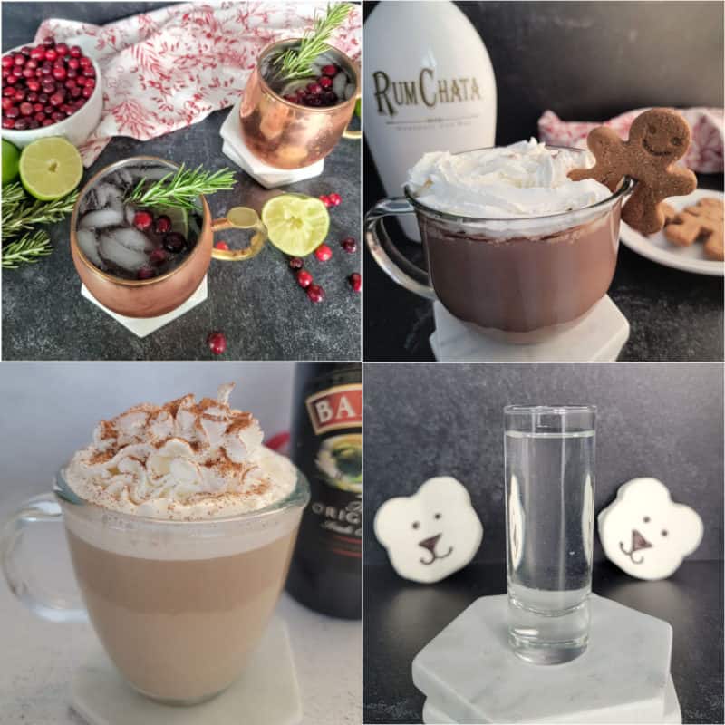 Collage of winter cocktails with hot chocolate, coffee, and a cranberry mule