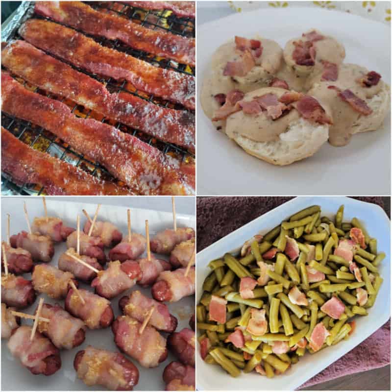 Collage of bacon recipes including candy bacon, bacon gravy, bacon wrapped smokies, and green beans