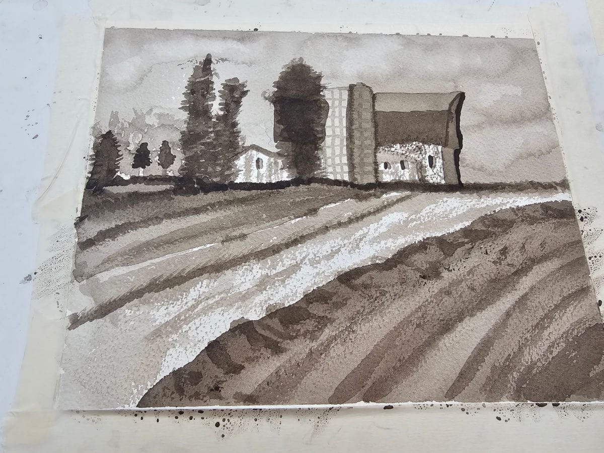 barn watercolor on a paper canvas