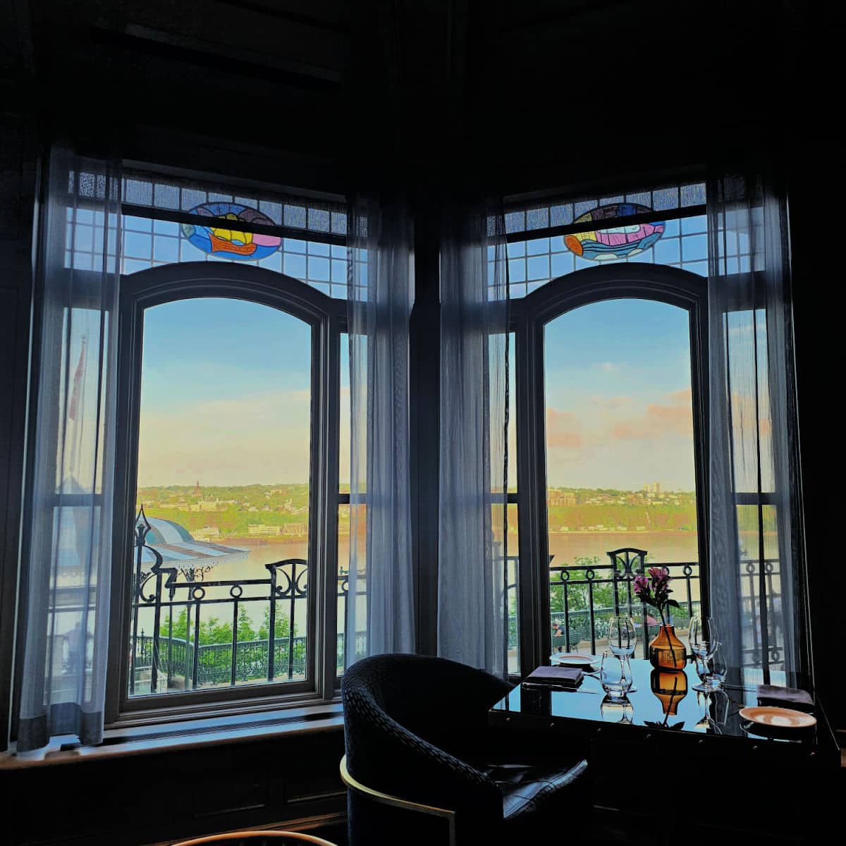 Looking out the windows at Bistro Le Sam to the Saint Lawrence River