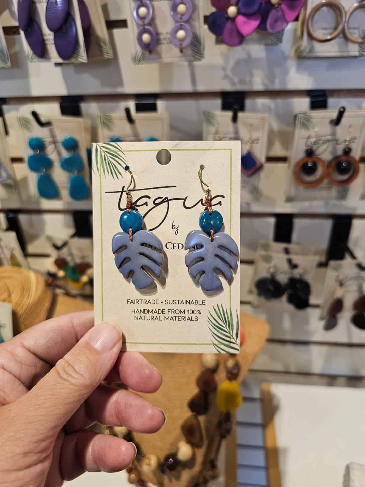 hand holding blue monstera leaf earings