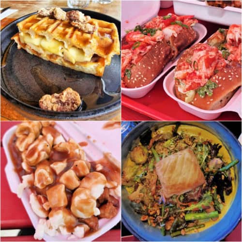collage of waffle grilled cheese, lobster rolls, poutine, and goat cheese encroute