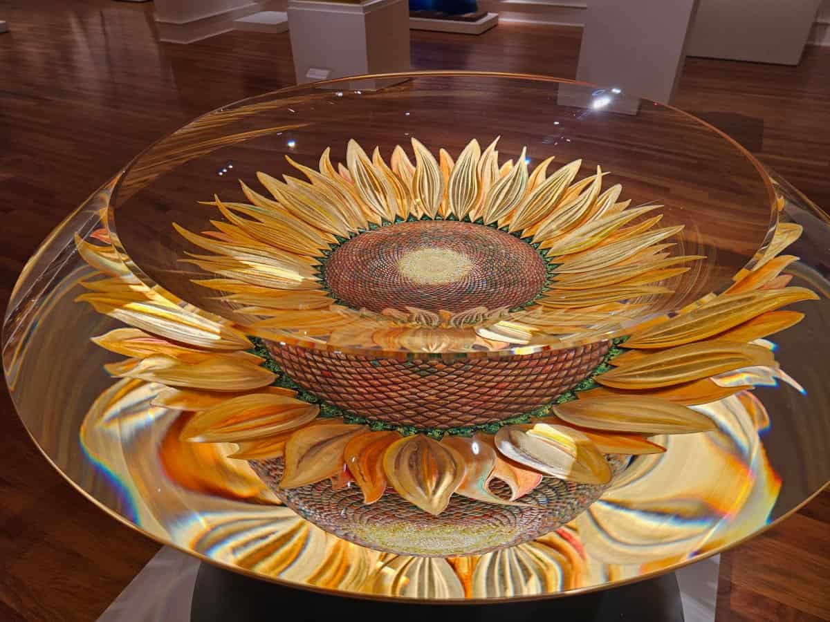 Sunflower painted in glass wtih multiple reflections