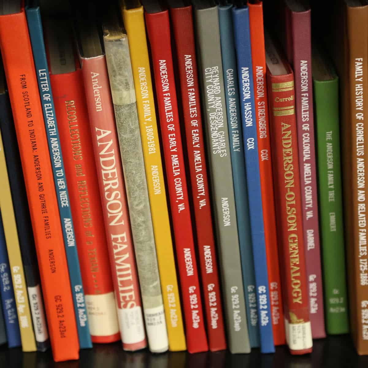 Genealogy books in a row at the library