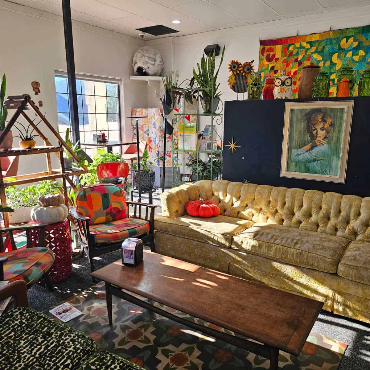 Bee's Bakery Cafe interior with long couch, plants art on the wall
