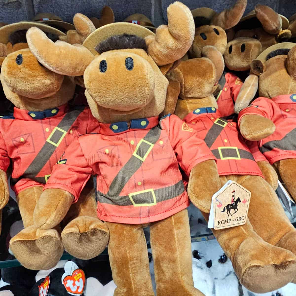 Canadian Mounties Moose Stuffed animals in a stack