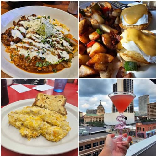 Collage of four photos from Fort Wayne Restaurants, falafel fajita bowl, eggs benedict, garbage breakfast, and flamingo drink
