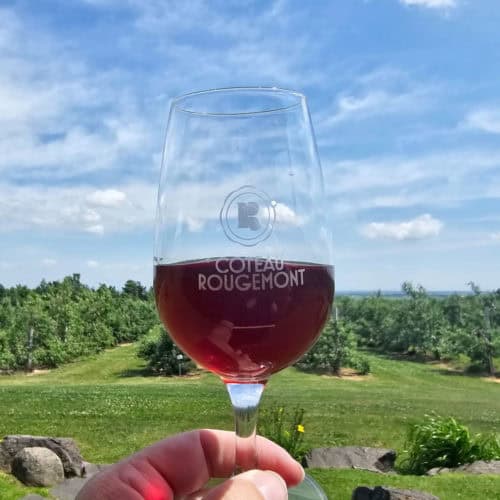 Hand holding a glass with Coteau Rougemont printed on it with grapevines in the background