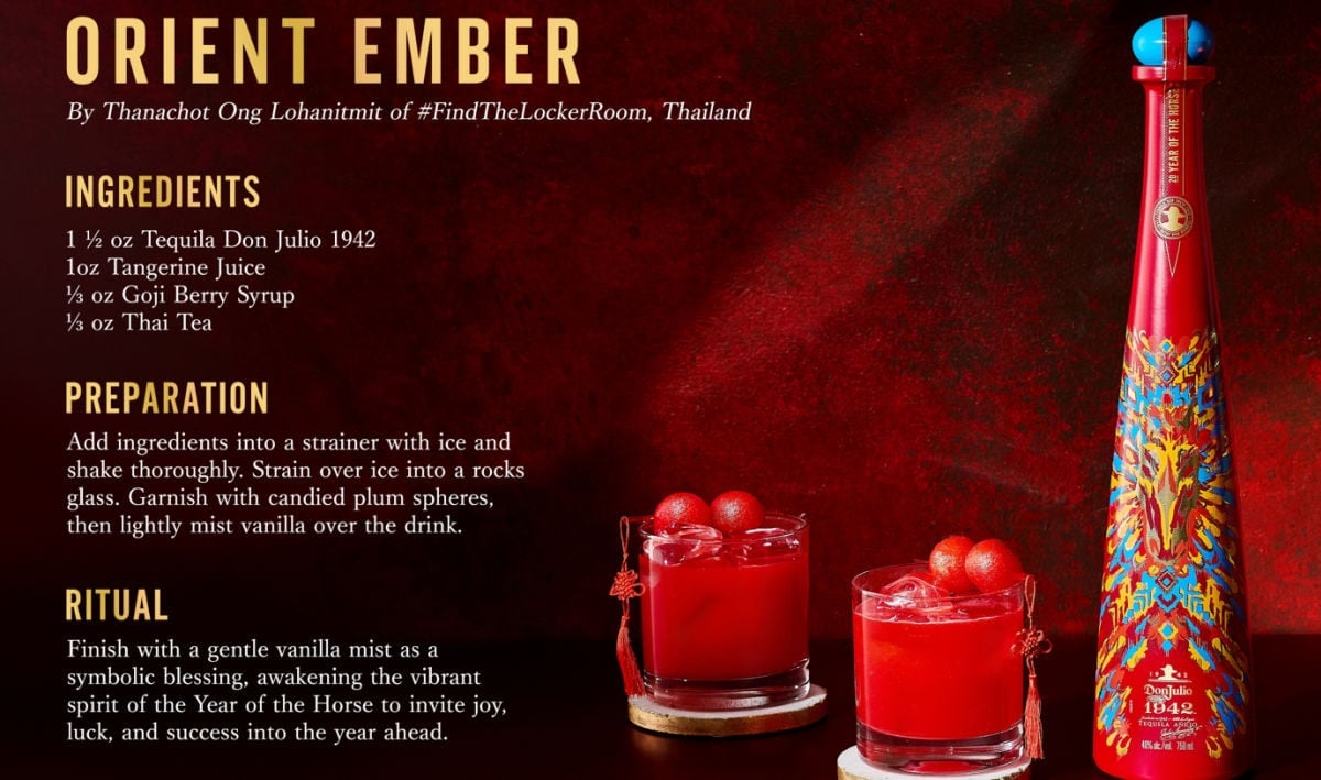 Orient Ember Cocktail Recipe with bottle, 2 drinks, and recipe card