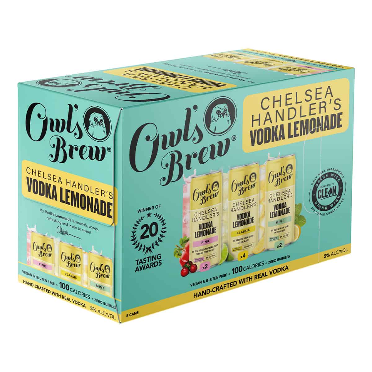 Owl's Brew Chelsea Handler's Vodka Lemonade box with cans of lemonade on the front