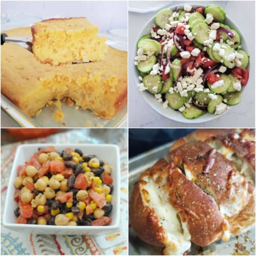 Collage of four side dishes, cornbread, greek salad, southwest bean salad, and garlic bread