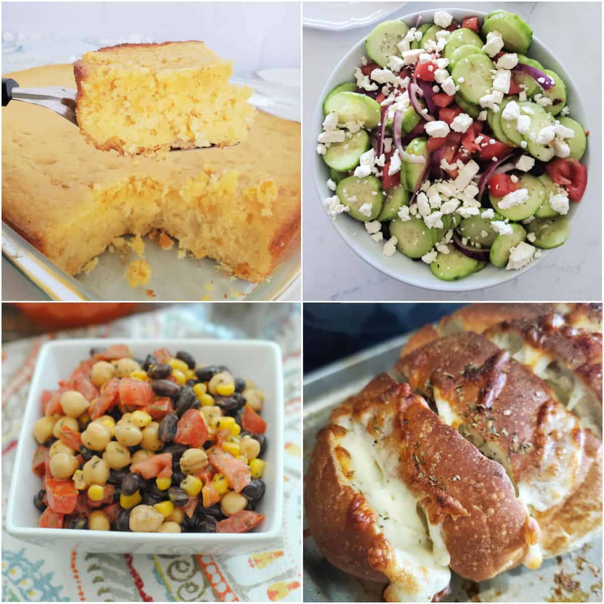 Collage of four side dishes, cornbread, greek salad, southwest bean salad, and garlic bread