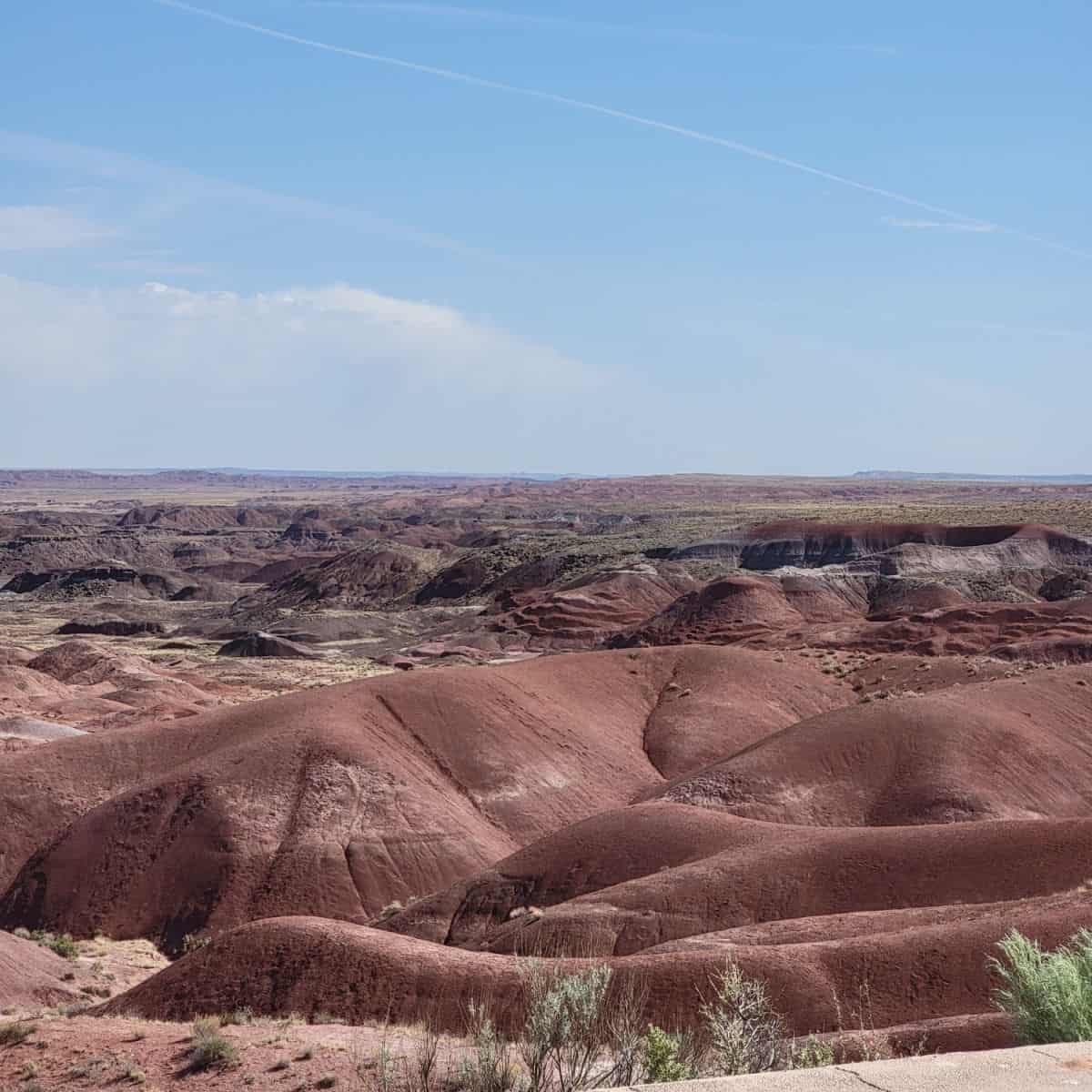 red rolling hills in petrified forest national park on a blue sky day with a couple white clouds