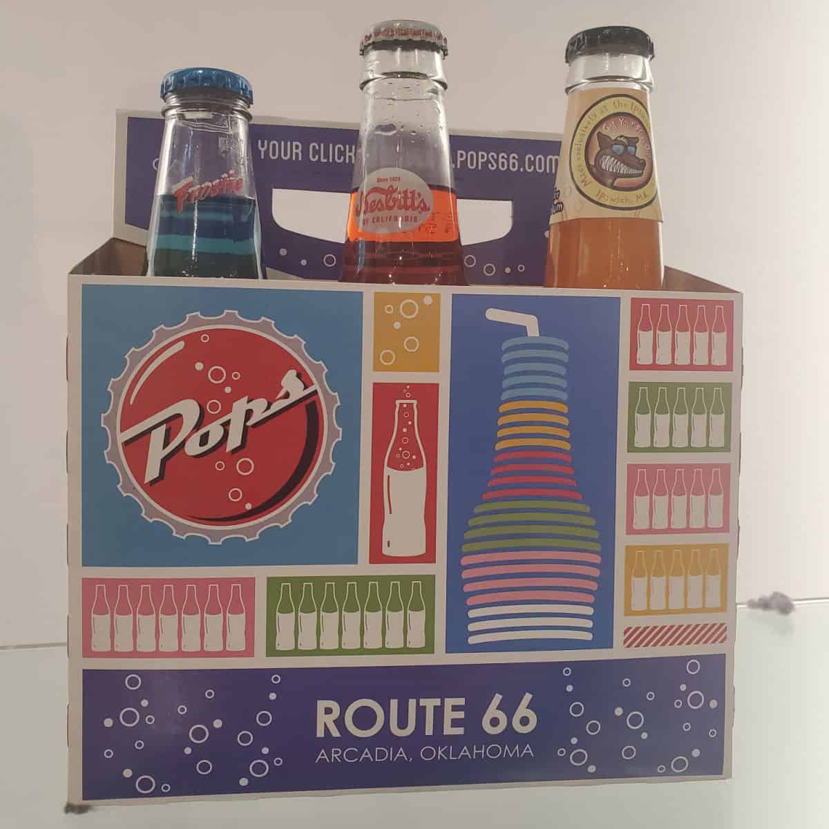 Pop's Route 66 Arcadia Oklahoma soda bottle carrier wtih three bottles in it