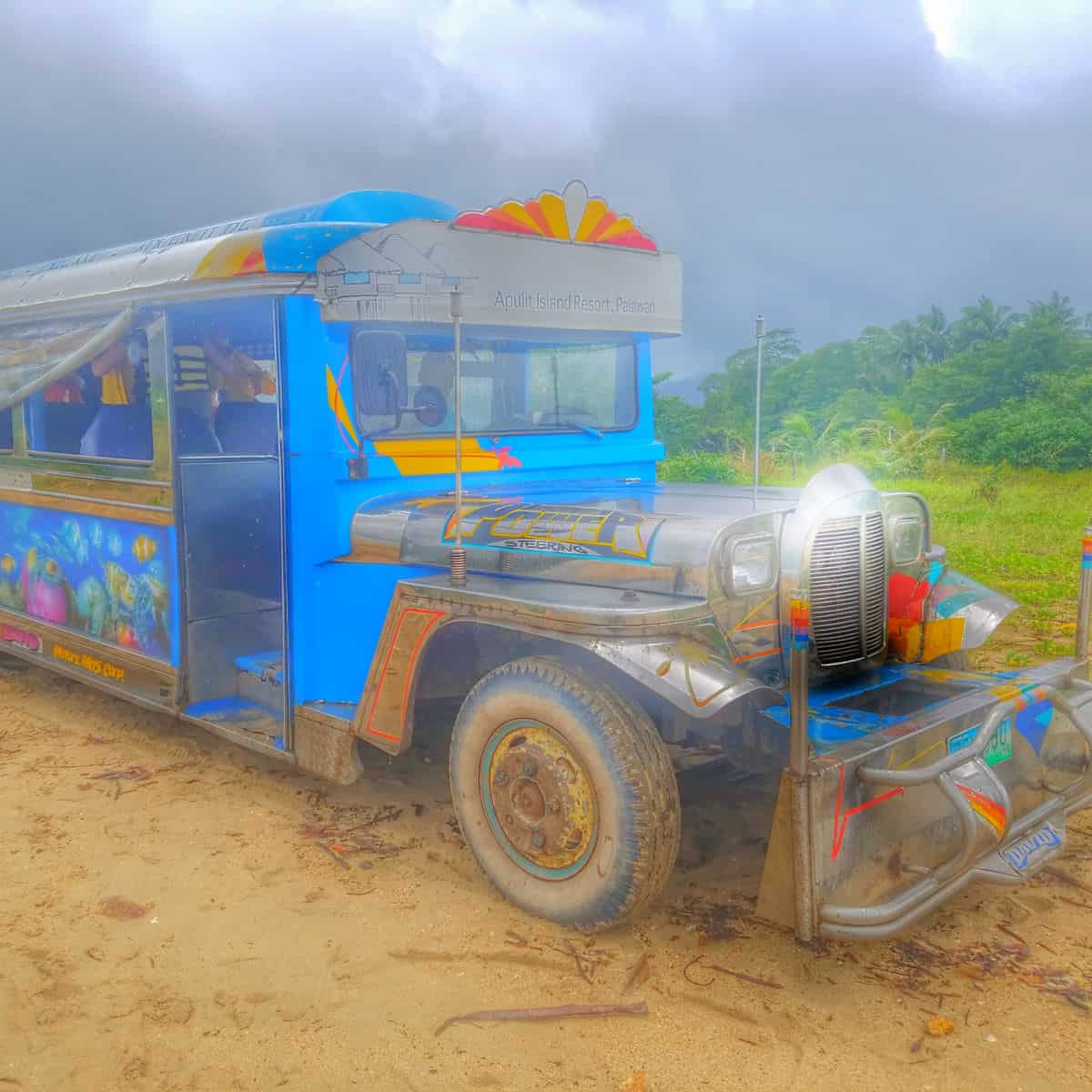 brightly colored blue bus with paintings on the side